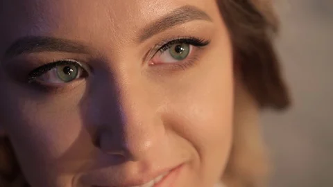 Close-u face bride posing for photo shoot indoors on wedding day Video stock 74072127