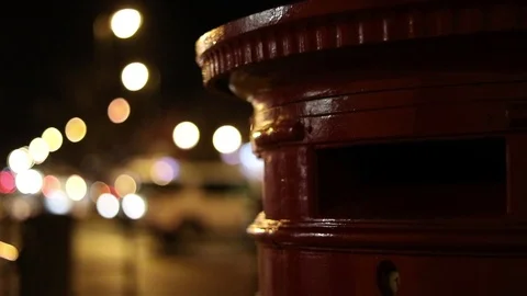 Close-up of a UK postbox at night, handheld Video stock 91621676