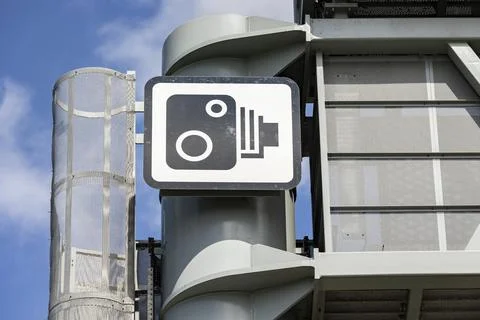 Close up of a uk speed camera sign on a overhead gantry, overhead signage Stock Photos