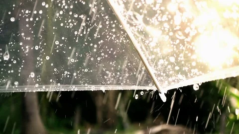Close-up on umbrella with rain falling in slow motion shot Stock Footage 76996667