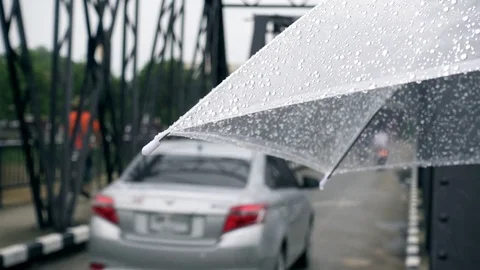 Close-up on umbrella with traffic in raining day Stock Footage 77174700