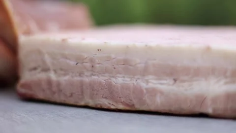 Close Up of Uncooked Bacon Slab Stock Footage 280099873