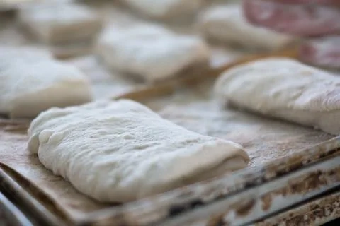 Close up of uncooked Ciabatta bread Rolls Stock-Fotos