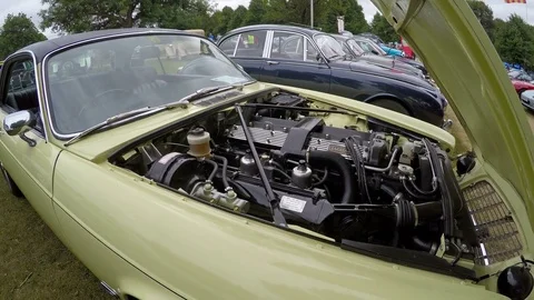 Close up under the hood of an retro car on a car auction 스톡 동영상 80065968