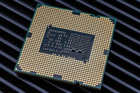 Close-up of the underside of a modern processor with many gold-plated pins Stock Photos