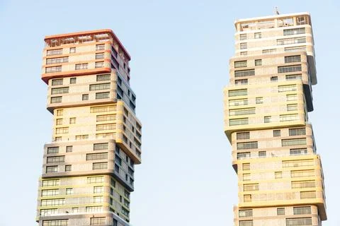 Close-up of unique stacked block architecture view of Marina Twin Towers  Фото