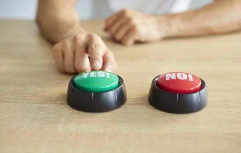 Close up of unknown man choosing Yes answer, pushing on button Stock Photos