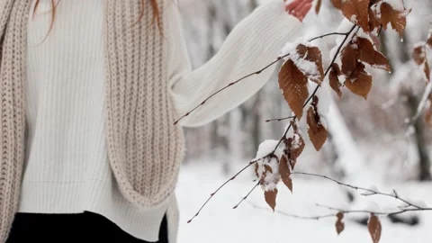 Close-up of an unknown woman walking through a snowy forest Video stock 253090501