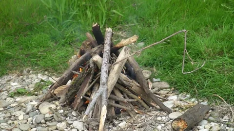 Close-Up of Unlit Campfire Structure on Rocky Grass Outdoors – Nature Survival Видео 340000949
