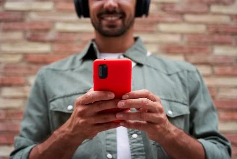 Close up of unrecognizable caucasian man using telephone to be connect on social Stock Photos