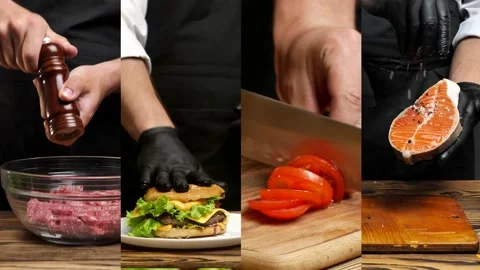 Close-up of unrecognizable chef's male hands, salting salmon steak,cutting fresh Stock Footage 234333632