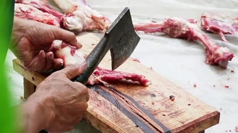 Close-up of unrecognizable people hands cutting fresh raw beef with knives  Video stock 338046936