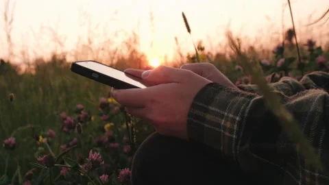 Close up of unrecognizable young woman using smartphone in sunset on nature Stock Footage 200456385