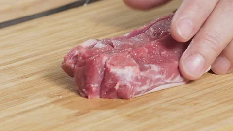 Close upChopping Fresh Raw Meat Preparing Healthy Cooking On A Wooden Board 스톡 동영상 118575649