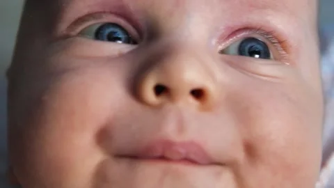 Close-up of upper part of newborn's face, with bright blue eyes with prominent Stock Footage 285493198
