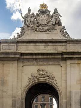 Close-up upper section view of the gatehouse pavilion at the Christiansborg P Stock Photos