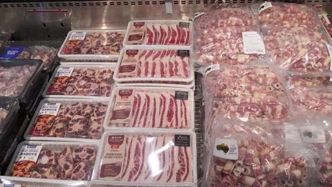 Close ups of cold fresh meat in Chinese supermarkets Stock-Footage 275836244