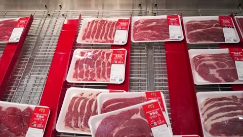 Close ups of cold fresh meat in Chinese supermarkets Stock Footage 275836343