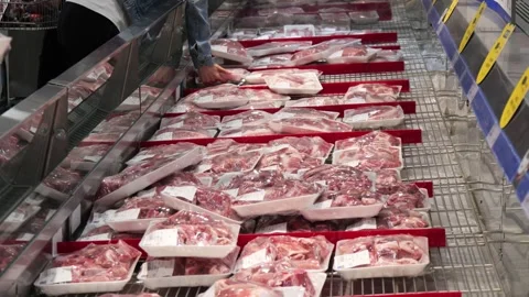 Close ups of cold fresh meat in Chinese supermarkets Stock-Footage 275836623