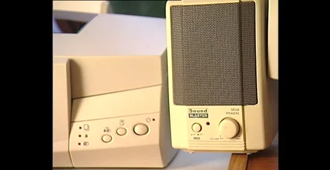 Close Ups of Old 1990s Desktop Computer Connecting to the Internet Stock Footage 310869058