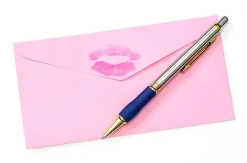 Close-ups of pink envelope and pen isolated on white Stock Photos