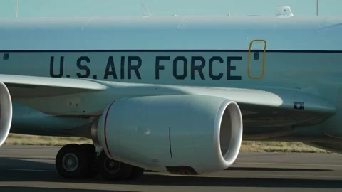 Close-up of the U.S. Air Force lettering and engine section on the Boeing Stock Footage 320245551