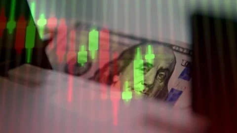 Close Up US Dollar Bill Overlaid with Candlestick Trading Chart Stock Footage 336757560