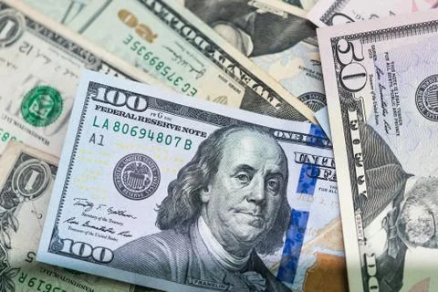 Close up of USA banknotes, 100 us dollar note, 50 us dollar notes, 20 us dollar Stock Photos
