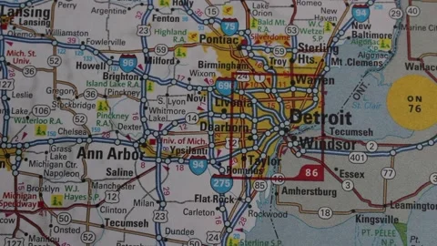 Close up of the USA on a map with Detroit in sharp focus. Detroit on a map Stock Footage 285780303