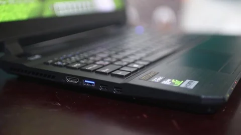 Close up of USB and other I/O port of modern gaming laptop with nvidia GPU Video stock 102192153