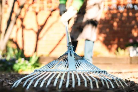 Close-up of the use of a silver gardening rake, Stock Photos