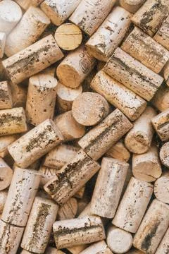 Close-up of used wine corks with printed markings 库存照片