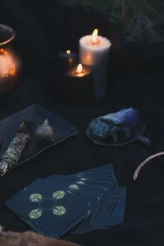 Close up using taro cards for ritual concept photo Stock Photos