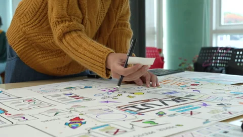 Close up ux developer and ui designer brainstorming interface wireframe design Stock Footage 243427116