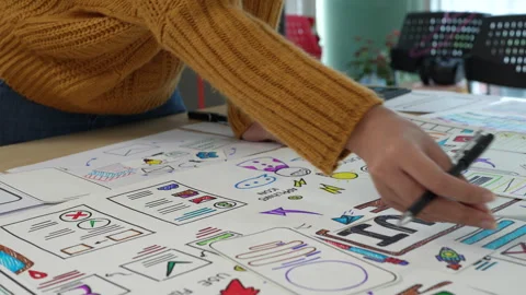 Close up ux developer and ui designer brainstorming interface wireframe design Stock Footage 243726556