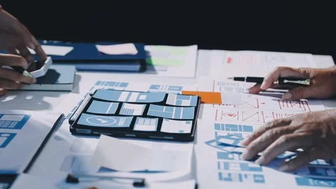 Close up ux developer and ui designer brainstorming about mobile app interf.. Stock Footage 293923478