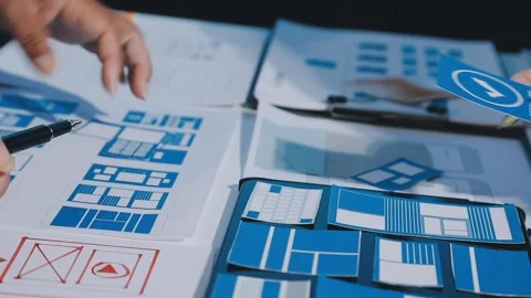 Close up ux developer and ui designer brainstorming about mobile app interf.. Stock Footage 293923480