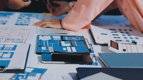 Close up ux developer and ui designer brainstorming about mobile app interf.. Stock Footage 293923512