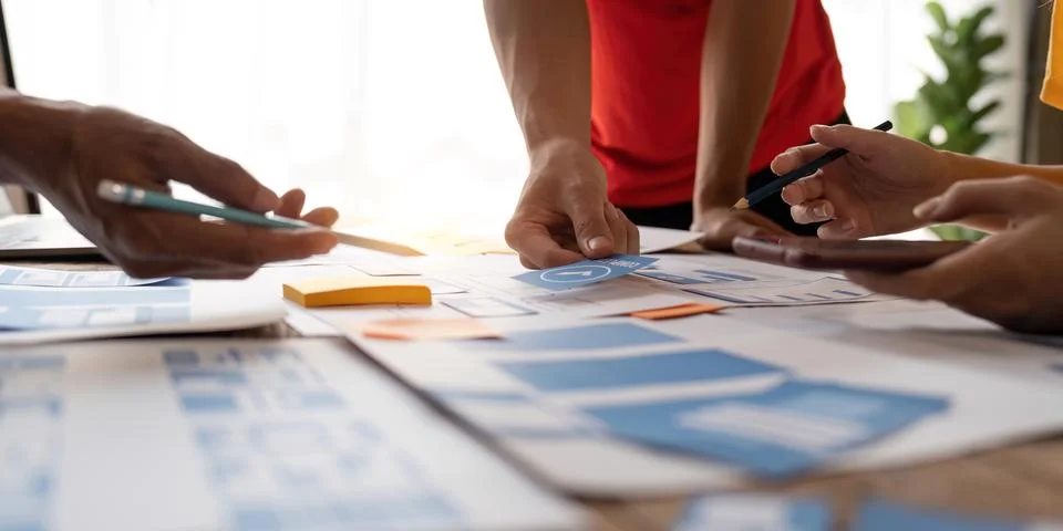 Close up ux developer and ui designer brainstorming about mobile app interface Stock Photos