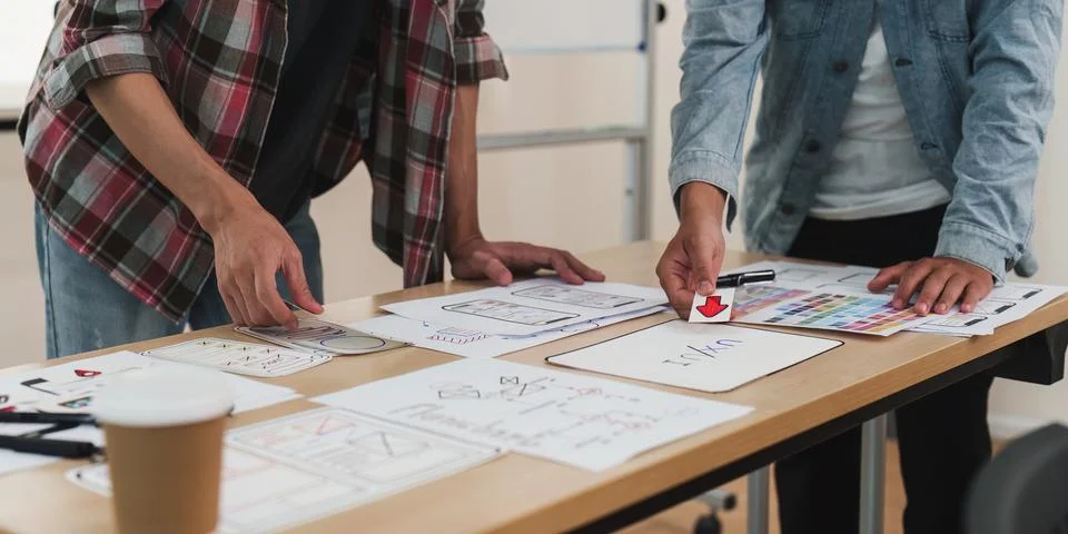 Close up ux developer and ui designer brainstorming interface wireframe design Stock Photos