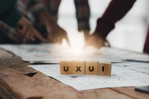 Close up ux developer and ui designer brainstorming interface wireframe design Foto stock