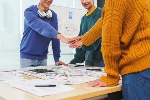 Close up ux developer and ui designer brainstorming interface wireframe design 스톡 사진