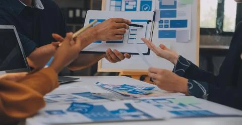 Close up ux developer and ui designer use augmented reality brainstorming a.. Stock Photos