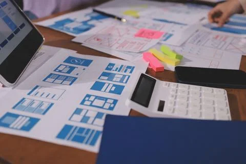 Close up ux developer and ui designer brainstorming about mobile app interf.. Foto stock