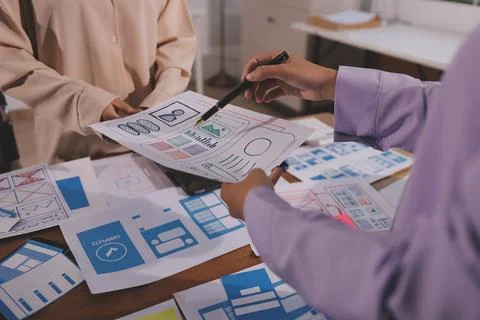 Close up ux developer and ui designer brainstorming about mobile app interf.. 스톡 사진