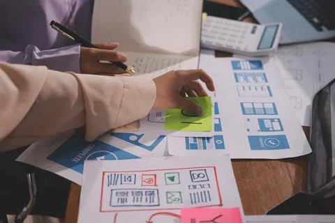 Close up ux developer and ui designer brainstorming about mobile app interf.. 스톡 사진