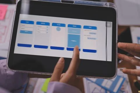 Close up ux developer and ui designer brainstorming about mobile app interf.. 스톡 사진