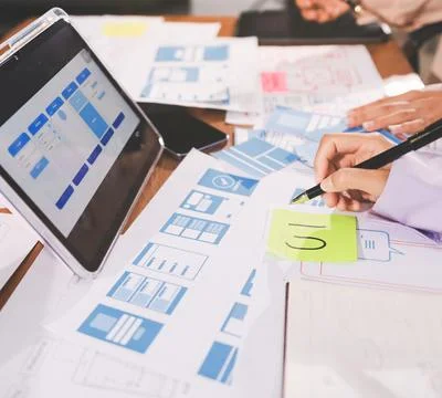 Close up ux developer and ui designer brainstorming about mobile app interf.. 스톡 사진