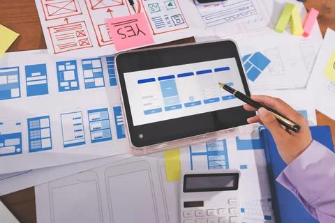 Close up ux developer and ui designer brainstorming about mobile app interf.. 스톡 사진