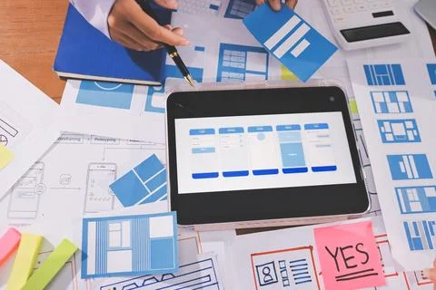 Close up ux developer and ui designer brainstorming about mobile app interf.. 스톡 사진